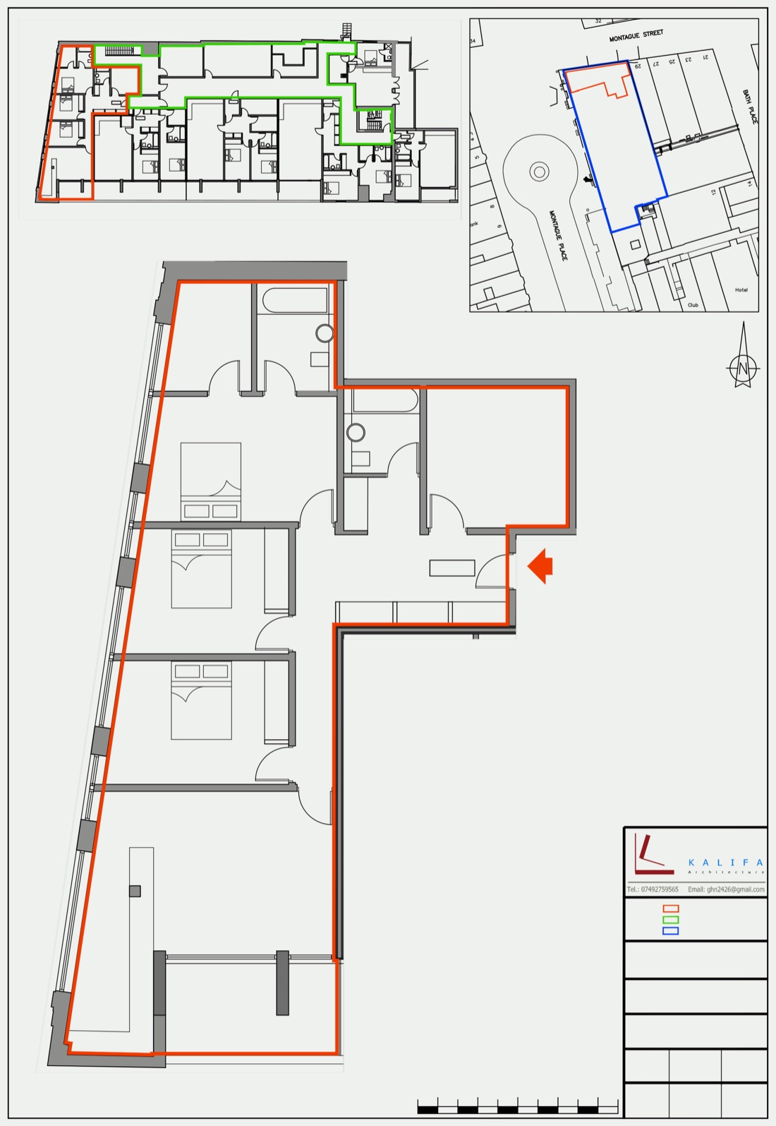 Lease plan of a flat with an angled facade, the demise outlined in red, block key plan and site location plan